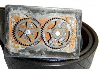 Tobacco Road Steampunk Gears Buckle Textured Brown Leather Belt