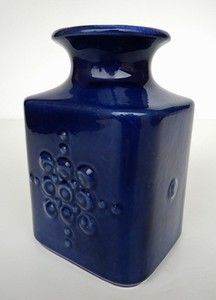 Carstens Fat Lava Vase Blue Relief Decor Vintage West German Pottery 