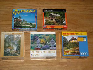 LOT OF 5 1000 PC JIGSAW PUZZLES   BEAUTIFUL   WORKED ONCE ONLY.