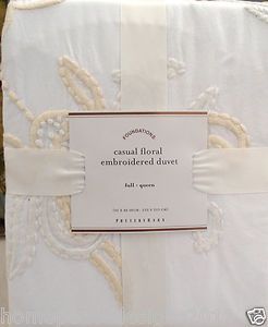 POTTERY BARN CASUAL FLORAL EMBROIDERED FULL QUEEN DUVET COVER, NEW IN 