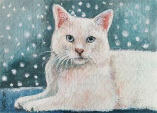 White Cat in snow Original ACEO Acrylic Art by AiA, painting winter 