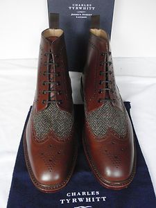 Charles Tyrwhitt Mid Brown Leather Harris Tweed Brogue Boots UK 9 F 
