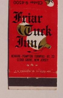 1950s Matchbook Friar Tuck Inn RT 23 Cedar Grove NJ MB