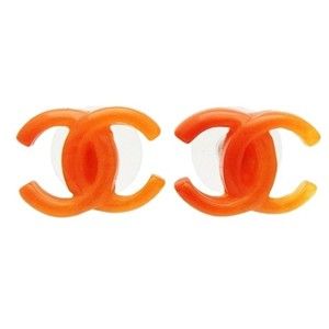 Authentic Vintage Chanel Stud Earrings CC Logo Orange Plastic Coco 