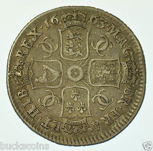 1663 Shilling British Silver Coin from Charles II VF