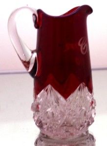 RARE Antique Bohemian Ruby Crystal Cut Etched Glass Pitcher Celeron NY 