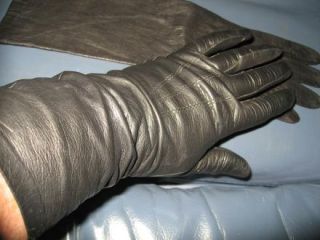 Vintage Over Wrist Long Black Fine Kid Skin Leather Gloves Superb 