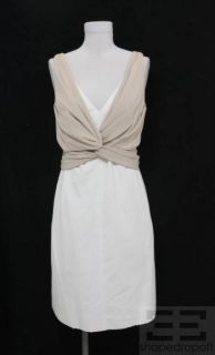 Cesare White Pique Cotton Nude Silk Cross Front Sleeveless Dress Size 