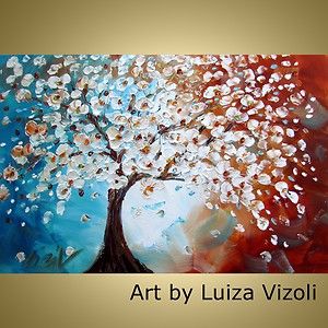 Original Impressionist Cherry Tree Landscape Oil Painting Art by Luiza 