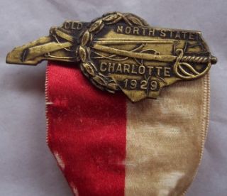 United Confederate Charlotte 1929 Reunion Badge Ribbon Metal Pinback 