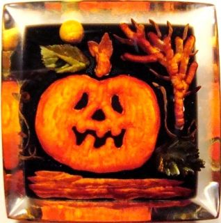 Hand Carved Studio Reverse Intaglio Carved Lucite Halloween Pumpkin 