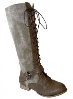 Army Chic Canvas Knee High Lace up Military Combat Boots Khaki