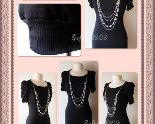 New Black Stretch Knit Puff Sleeve Fitted Sexy Dress with Removable 