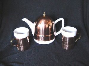 Rare Copper Cozy Porcelain Tea Pot and 2 Copper Mugs with Porcelain 