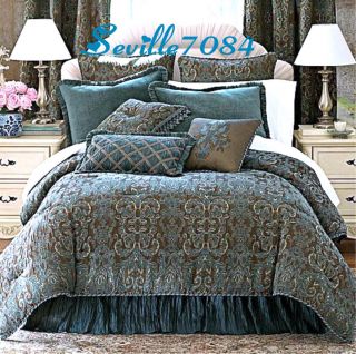   jacquard and chenille are accented with teal blue and on chocolate