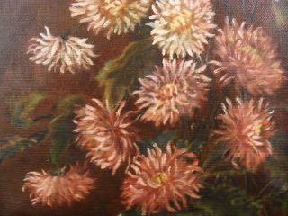 Antique 19c Still Life O/C Painting of Chrysanthemums Flowers