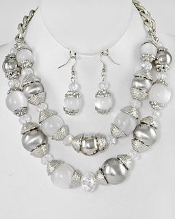 Chunky DESIGNER LOOK White Bead Silver Necklace Jewelry Set FREE