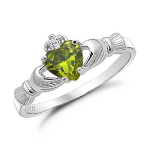 Peridot Sterling Silver Claddagh Ring with CZ Sizes 4 to 10 SR620