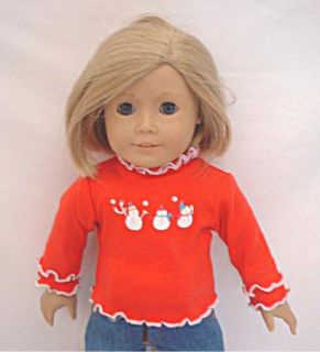 Red Tee/Top with SNOWMAN Design fits American Girl & 18 Dolls