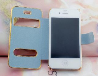 New Deluxe Leather Gold Frame Clam Case Cover for Apple iPhone4 4G 4S