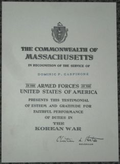 Honors Korean War Soldier Signed Governor Christian Herter