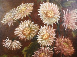 Antique 19c Still Life O/C Painting of Chrysanthemums Flowers