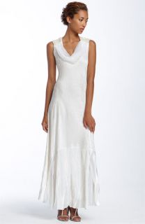 Komarov Beaded Shoulder Pleated Charmeuse Gown