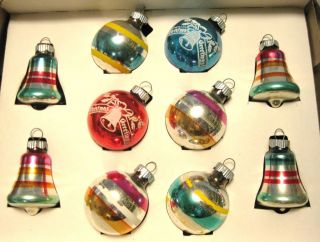 10 Small Vintage Shiny Brite Christmas Xmas Ornaments Stencils Stripes