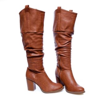  Stacked Heel Styling Slouchy Knee High Slip in Boots Cognac AllSz