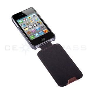 Coffee Stripe Flip Leather Case Cover Pouch for iPhone 4S 4 Black