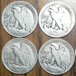Liberty Walking 90% Silver Half Dollars   1917, 1919 D, 1943, 1944