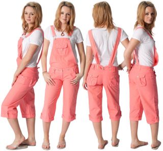 Womens 3 4 Length Bib Overalls Pink Ladies Cotton Capri Summer Pants