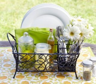   Wrought Iron Picnic Caddy Plates Napkins Flatware Condiments Spices