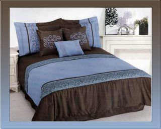 Pcs Compton Embroidery Comforter Set Bed in A Bag Queen Brown Blue