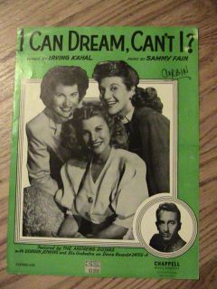1937 I Can Dream CanT I Sheet Music Andrews Sisters