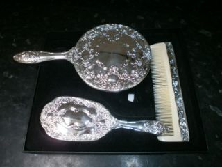 LOVELY SILVER PLATED DRESSING TABLE SET, MIRROR, BRUSH AND COMB
