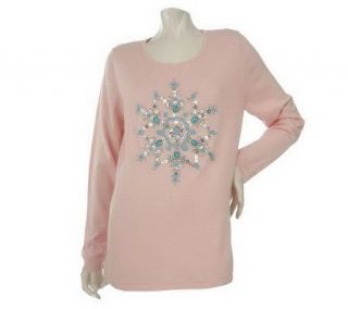Quacker Factory Long Sleeve Turquoise Snowflake Sweater —