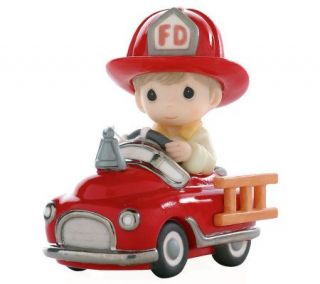 Precious Moments Boy in Fire Truck Figurine —