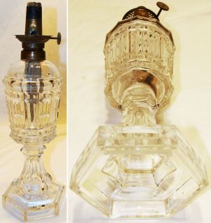 Antique Boston Flint Glass Oil Lamp w unusual Brass Marked 1869 Patent