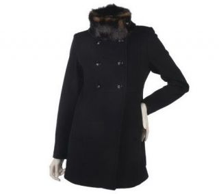 Centigrade Wool Blend Double Breasted Coat with Faux Fur Collar