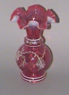 Fenton Art Glass Diamond Optic Cranberry Vase —