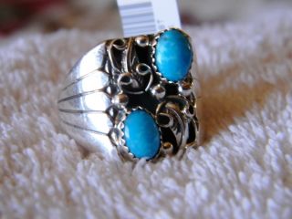 Sterling Silver Navajo Made Mens 2 Blue Turquoise Stones Sz 11 or 12