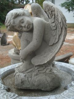 Kneeling Cherub with Turtle Angel Gray Concrete Cement Statue