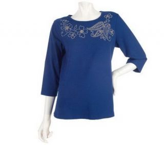 Susan Graver Stretch Cotton 3/4 Sleeve Top with Metallic Embellishment 