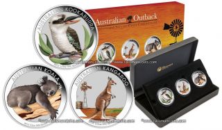  Outback 2012 Kookaburra Koala Kangaroo Color 3 Coin Silver 1/2 Oz Set