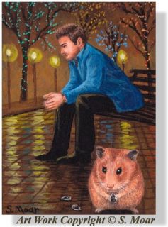 Thoughtful Man Hamster Freedom City Streets ACEO Original Art Painting