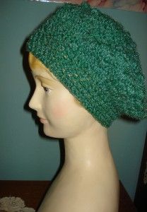 Hand Crocheted Green Beret Tam Slouch Beanie Hat New