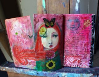 Triptych page. Paint, pen, string, rub ons, dried flower (under the