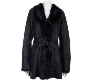 Dennis Basso Distressed Faux Shearling Coat with Faux Fur Lining