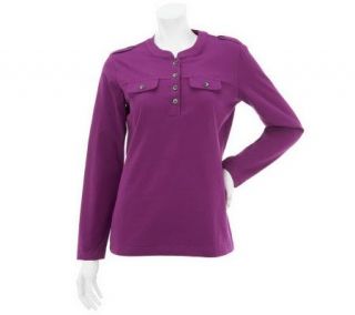 Denim & Co. Long Sleeve Knit Top with Epaulets and Button Trim 